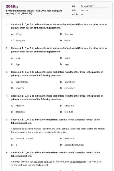 Kỳ thi thử thpt quốc gia lần 1 năm 2019 môn Tiếng Anh cực hay có lời giải(Đề 28)