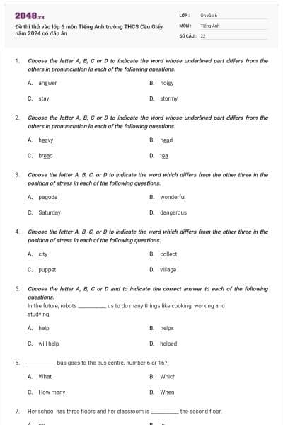 Đề thi thử vào lớp 6 môn Tiếng Anh trường THCS Cầu Giấy năm 2024 có đáp án