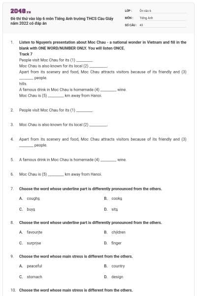 Đề thi thử vào lớp 6 môn Tiếng Anh trường THCS Cầu Giấy năm 2022 có đáp án