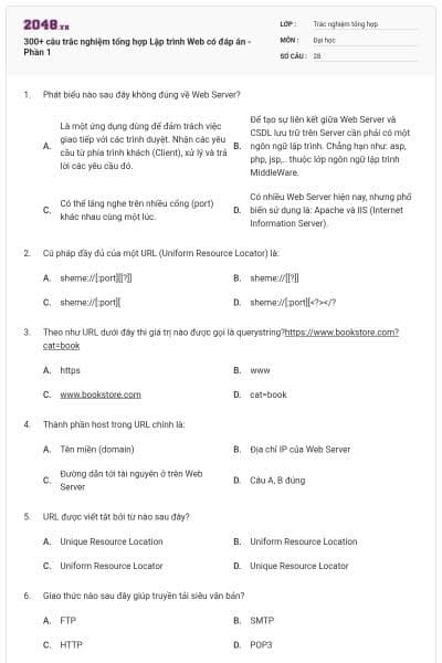 300+ câu trắc nghiệm tổng hợp Lập trình Web có đáp án - Phần 1