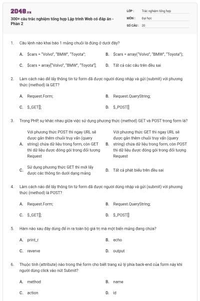 300+ câu trắc nghiệm tổng hợp Lập trình Web có đáp án - Phần 2