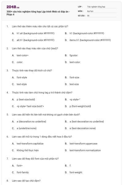 300+ câu trắc nghiệm tổng hợp Lập trình Web có đáp án - Phần 4