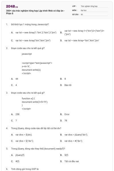 300+ câu trắc nghiệm tổng hợp Lập trình Web có đáp án - Phần 8
