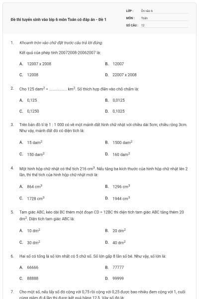 Đề thi tuyển sinh vào lớp 6 môn Toán có đáp án - Đề 1