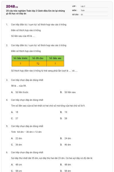 20 câu trắc nghiệm Toán lớp 2 Cánh diều Em ôn lại những gì đã học có đáp án