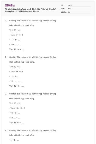 16 câu trắc nghiệm Toán lớp 2 Cánh diều Phép trừ (Có nhớ) trong phạm vi 20 (Tiếp theo) có đáp án