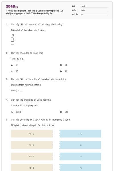 17 câu trắc nghiệm Toán lớp 2 Cánh diều Phép cộng (Có nhớ) trong phạm vi 100 (Tiếp theo) có đáp án