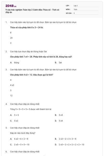 9 câu trắc nghiệm Toán lớp 2 Cánh diều Thừa số - Tích có đáp án