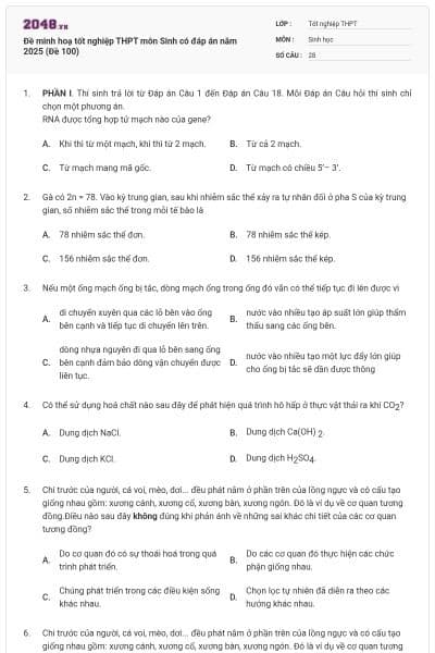 Đề minh hoạ tốt nghiệp THPT môn Sinh có đáp án năm 2025 (Đề 100)