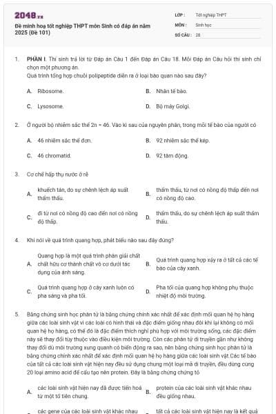 Đề minh hoạ tốt nghiệp THPT môn Sinh có đáp án năm 2025 (Đề 101)