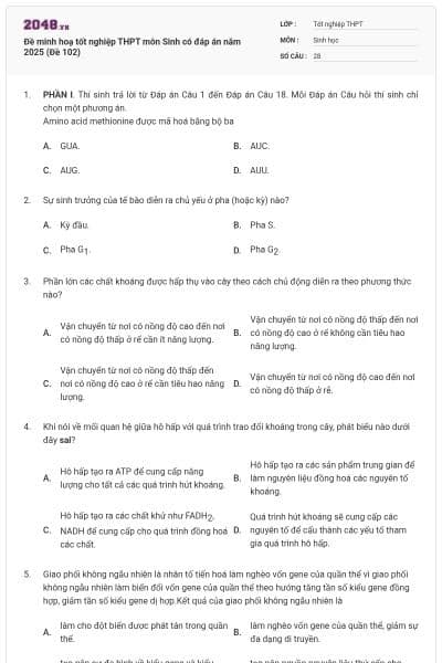 Đề minh hoạ tốt nghiệp THPT môn Sinh có đáp án năm 2025 (Đề 102)