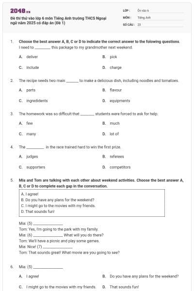 Đề thi thử vào lớp 6 môn Tiếng Anh trường THCS Ngoại ngữ năm 2025 có đáp án (Đề 1)