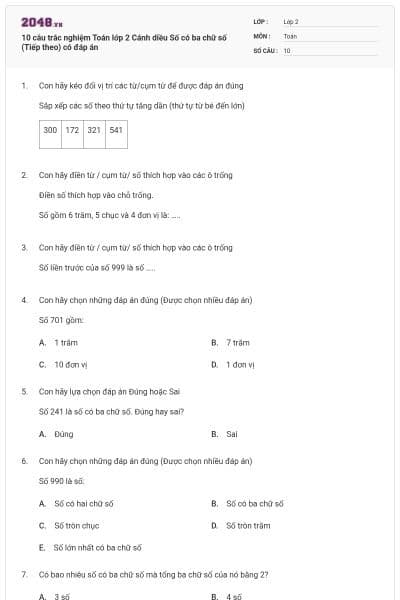 10 câu trắc nghiệm Toán lớp 2 Cánh diều Số có ba chữ số (Tiếp theo) có đáp án