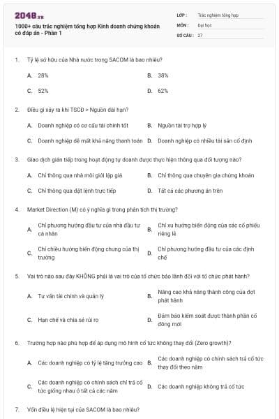1000+ câu trắc nghiệm tổng hợp Kinh doanh chứng khoán có đáp án - Phần 1