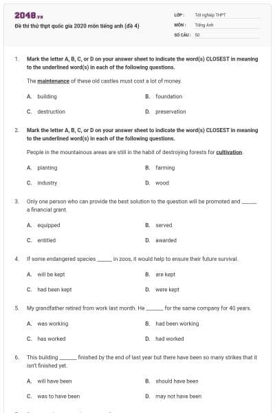 Đề thi thử thpt quốc gia 2020 môn tiếng anh (đề 4)