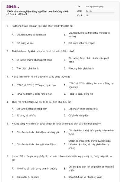 1000+ câu trắc nghiệm tổng hợp Kinh doanh chứng khoán có đáp án - Phần 8