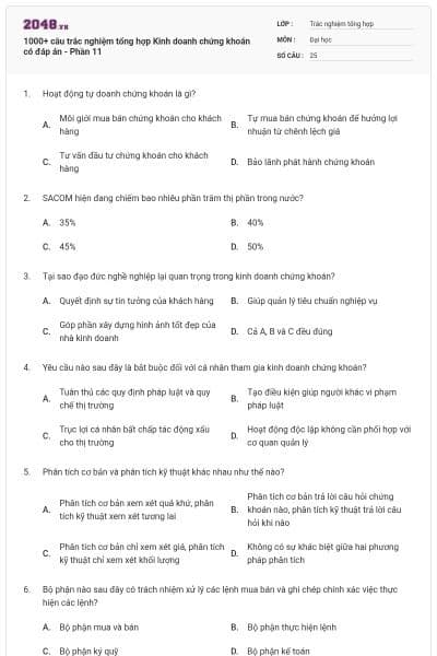 1000+ câu trắc nghiệm tổng hợp Kinh doanh chứng khoán có đáp án - Phần 11