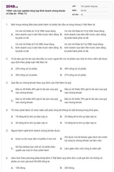 1000+ câu trắc nghiệm tổng hợp Kinh doanh chứng khoán có đáp án - Phần 13