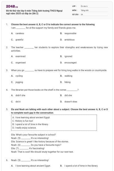 Đề thi thử vào lớp 6 môn Tiếng Anh trường THCS Ngoại ngữ năm 2025 có đáp án (Đề 2)