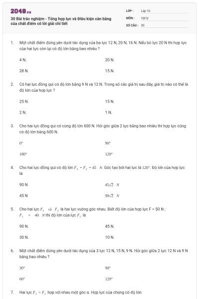 30 Bài trắc nghiệm - Tổng hợp lực và Điều kiện cân bằng của chất điểm có lời giải chi tiết