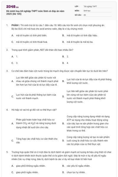 Đề minh hoạ tốt nghiệp THPT môn Sinh có đáp án năm 2025 (Đề 105)