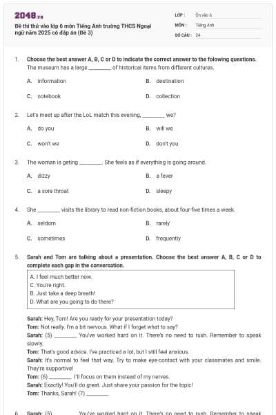 Đề thi thử vào lớp 6 môn Tiếng Anh trường THCS Ngoại ngữ năm 2025 có đáp án (Đề 3)