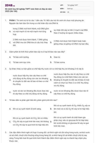 Đề minh hoạ tốt nghiệp THPT môn Sinh có đáp án năm 2025 (Đề 106)