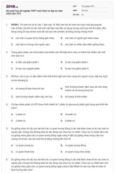 Đề minh hoạ tốt nghiệp THPT môn Sinh có đáp án năm 2025 (Đề 107)