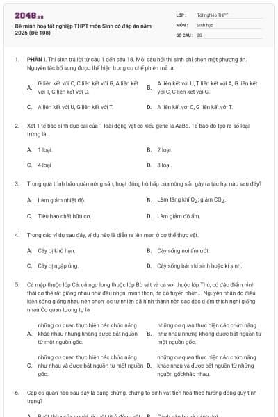 Đề minh hoạ tốt nghiệp THPT môn Sinh có đáp án năm 2025 (Đề 108)