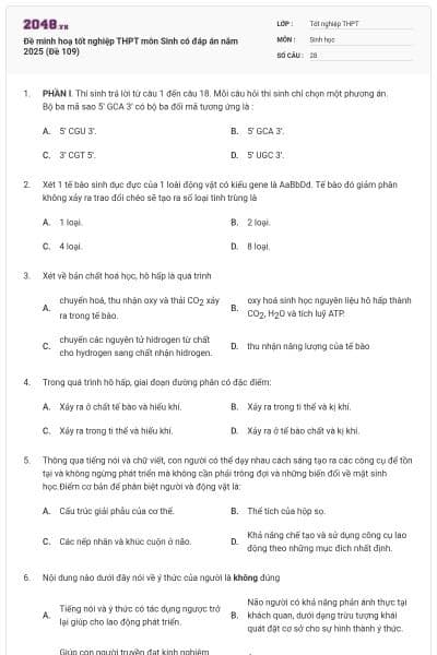 Đề minh hoạ tốt nghiệp THPT môn Sinh có đáp án năm 2025 (Đề 109)