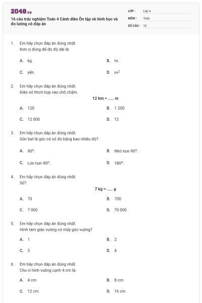 16 câu trắc nghiệm Toán 4 Cánh diều Ôn tập về hình học và đo lường có đáp án