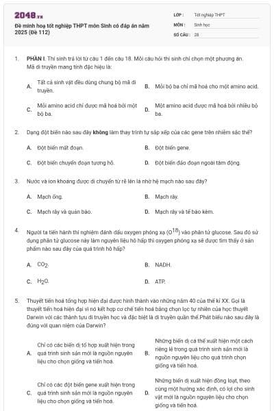 Đề minh hoạ tốt nghiệp THPT môn Sinh có đáp án năm 2025 (Đề 112)