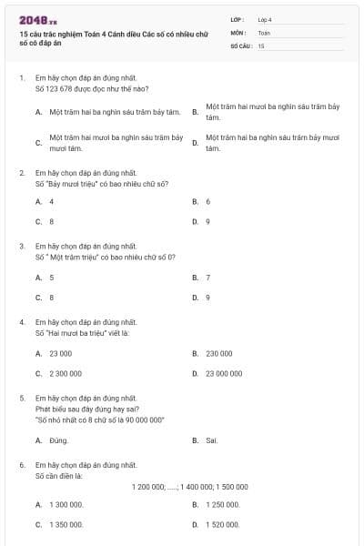 15 câu trắc nghiệm Toán 4 Cánh diều Các số có nhiều chữ số  có đáp án
