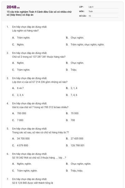15 câu trắc nghiệm Toán 4 Cánh diều Các số có nhiều chữ số (tiếp theo) có đáp án