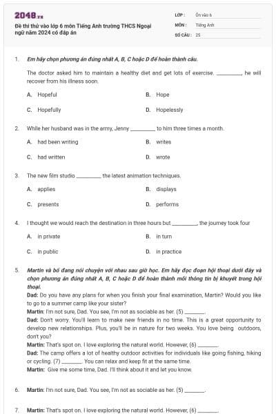 Đề thi thử vào lớp 6 môn Tiếng Anh trường THCS Ngoại ngữ năm 2024 có đáp án
