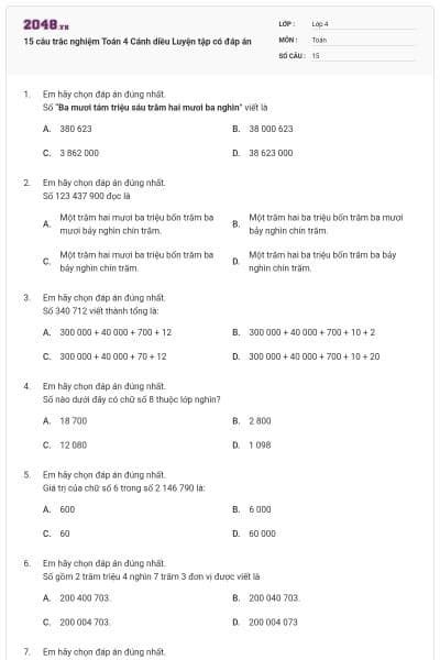 15 câu trắc nghiệm Toán 4 Cánh diều Luyện tập có đáp án