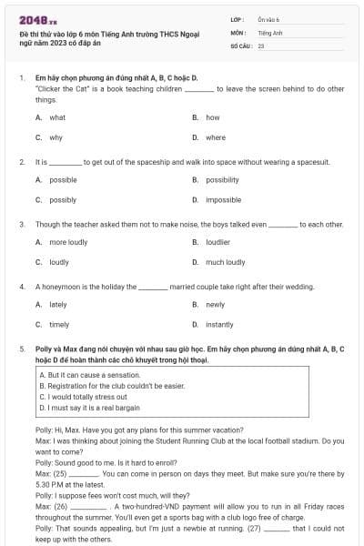 Đề thi thử vào lớp 6 môn Tiếng Anh trường THCS Ngoại ngữ năm 2023 có đáp án