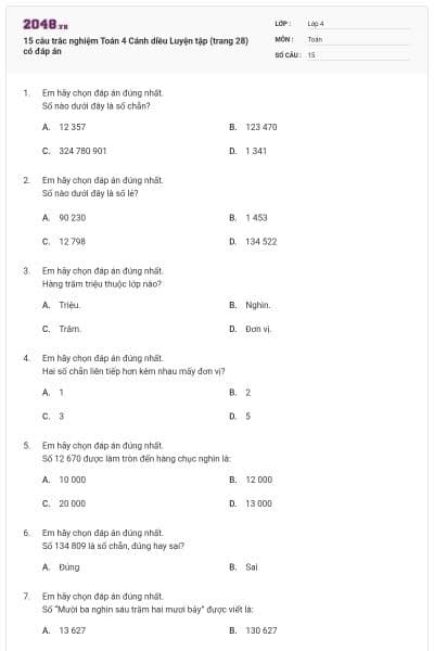 15 câu trắc nghiệm Toán 4 Cánh diều Luyện tập (trang 28) có đáp án