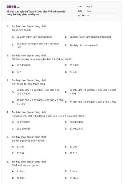 15 câu trắc nghiệm Toán 4 Cánh diều Viết số tự nhiên trong hệ thập phân có đáp án