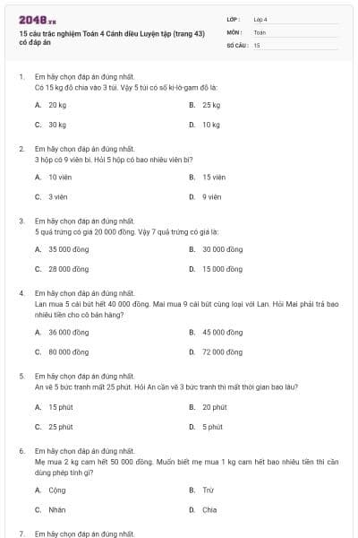 15 câu trắc nghiệm Toán 4 Cánh diều Luyện tập (trang 43) có đáp án