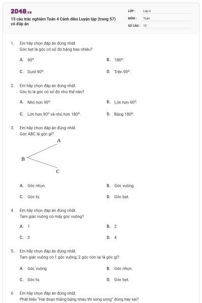 15 câu trắc nghiệm Toán 4 Cánh diều Luyện tập (trang 57) có đáp án