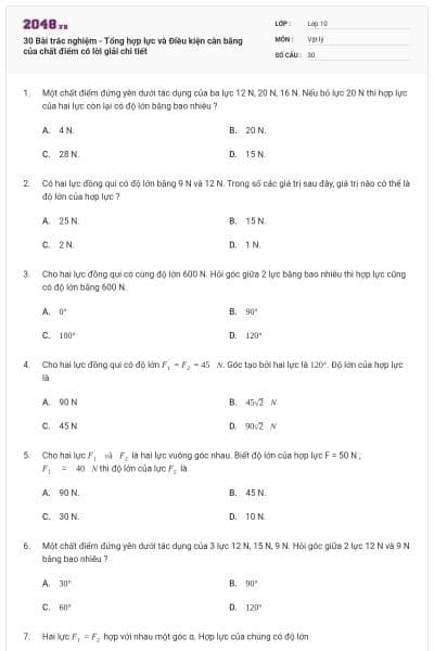 30 Bài trắc nghiệm - Tổng hợp lực và Điều kiện cân bằng của chất điểm có lời giải chi tiết