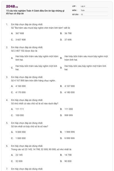 15 câu trắc nghiệm Toán 4 Cánh diều Em ôn tập những gì đã học có đáp án