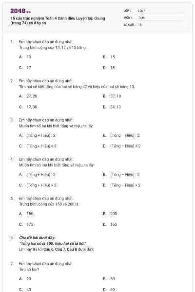 15 câu trắc nghiệm Toán 4 Cánh diều Luyện tập chung (trang 74) có đáp án