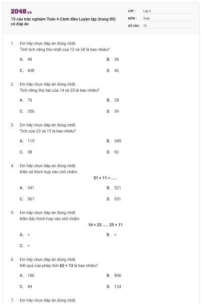 15 câu trắc nghiệm Toán 4 Cánh diều Luyện tập (trang 80) có đáp án
