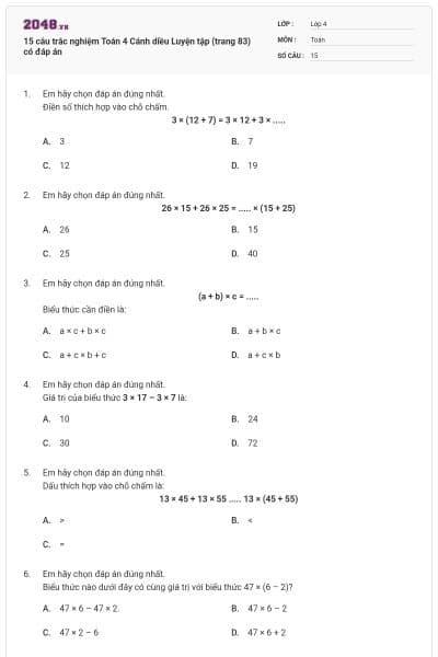 15 câu trắc nghiệm Toán 4 Cánh diều Luyện tập (trang 83) có đáp án