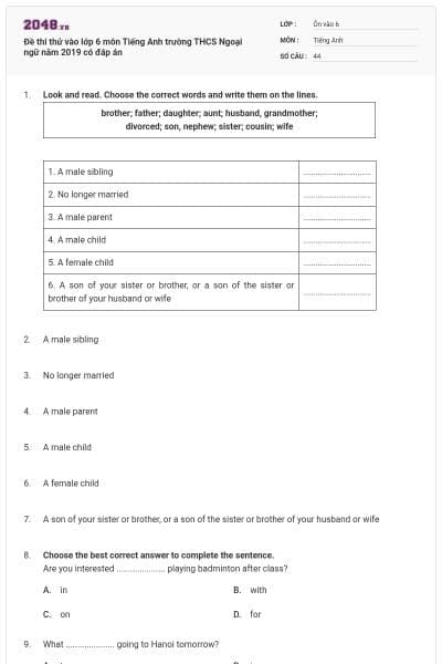 Đề thi thử vào lớp 6 môn Tiếng Anh trường THCS Ngoại ngữ năm 2019 có đáp án