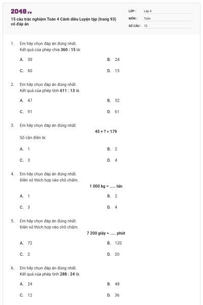 15 câu trắc nghiệm Toán 4 Cánh diều Luyện tập (trang 93) có đáp án