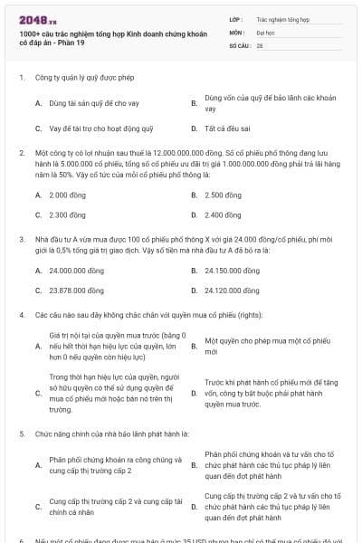1000+ câu trắc nghiệm tổng hợp Kinh doanh chứng khoán có đáp án - Phần 19