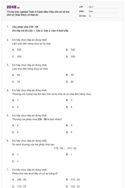 15 câu trắc nghiệm Toán 4 Cánh diều Chia cho số có hai chữ số (tiếp theo) có đáp án